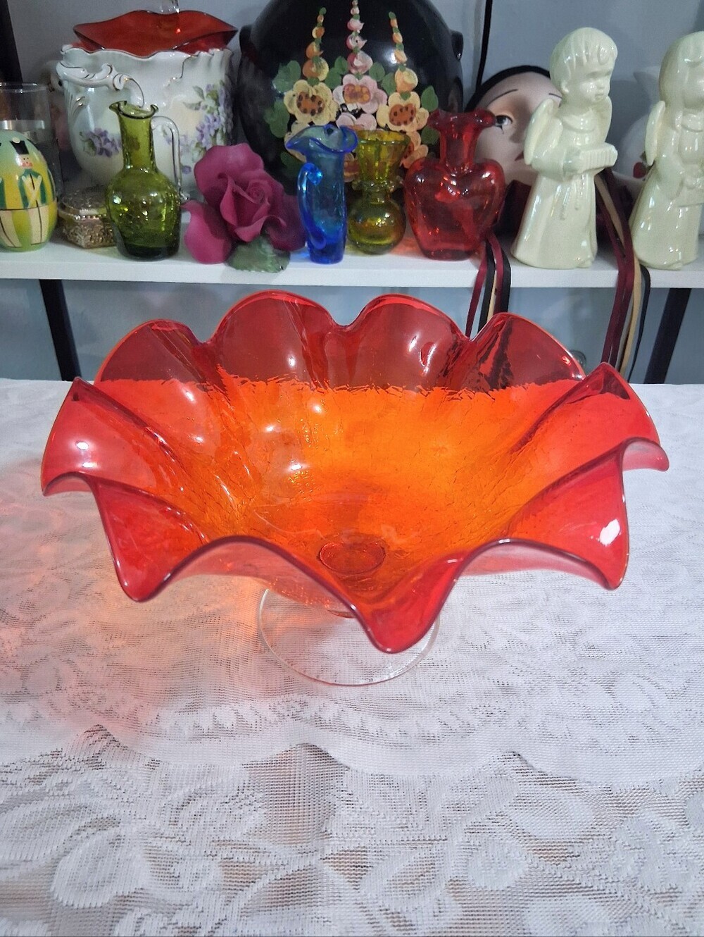 Vintage Wayne Husted Tangerine Crackle Glass Footed Bowl MCM Ruffled Rim